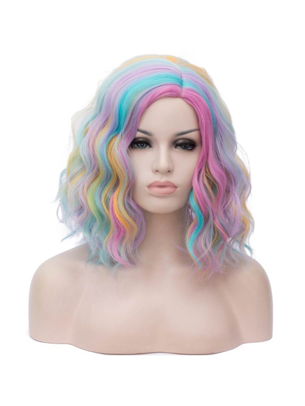 Women Rainbow-colored Heat Resistant Wavy Curly Cosplay Halloween Bob Party Wig